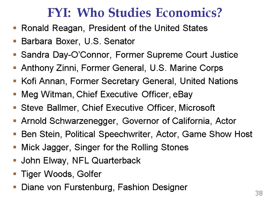 FYI: Who Studies Economics? Ronald Reagan, President of the United States Barbara Boxer, U.S.